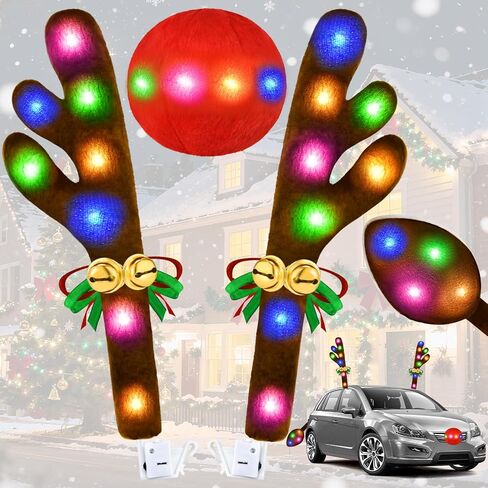 Christmas Car Decorations Reindeer Car Kit Antlers 2025, Jingle Bells Rudolph with Lights Reindeer and Nose, Tail Cute Costume Auto Accessories for Trunk Vehicles SUV Multicolor in Saudi Arabia