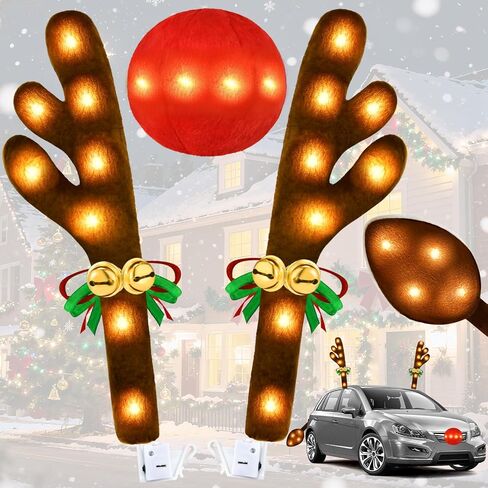 Christmas Car Decorations Reindeer Car Kit Antlers 2025, Jingle Bells Rudolph with Lights Reindeer and Nose, Tail Cute Costume Auto Accessories for Trunk Vehicles SUV Multicolor in Saudi Arabia