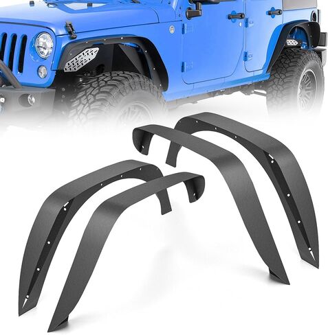 لـ JK Flat Style Front Fender Flares 4-Piece Combo متوافق مع 2007-2018 Jeep Wrangler JK JKU مجموعة مصدات العجلات الفولاذية الثقيلة غير المحدودة للطرق الوعرة، أسود محكم (2/4 أبواب) in Kuwait