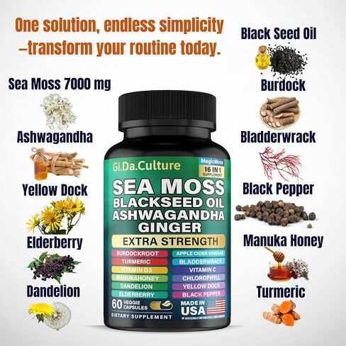 Organic Sea Moss Capsules (120 Count) – 2-Month Value Pack with Black Seed Oil, Ashwagandha, Ginger, Burdock Root, Bladderwrack & Turmeric – 102 Vitamins & Minerals for Men & Women in Kuwait