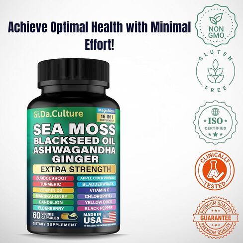 Organic Sea Moss Capsules (120 Count) – 2-Month Value Pack with Black Seed Oil, Ashwagandha, Ginger, Burdock Root, Bladderwrack & Turmeric – 102 Vitamins & Minerals for Men & Women in Kuwait