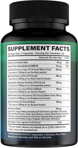 Organic Sea Moss Capsules (120 Count) – 2-Month Value Pack with Black Seed Oil, Ashwagandha, Ginger, Burdock Root, Bladderwrack & Turmeric – 102 Vitamins & Minerals for Men & Women in Kuwait