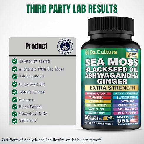 Organic Sea Moss Capsules (120 Count) – 2-Month Value Pack with Black Seed Oil, Ashwagandha, Ginger, Burdock Root, Bladderwrack & Turmeric – 102 Vitamins & Minerals for Men & Women in Kuwait