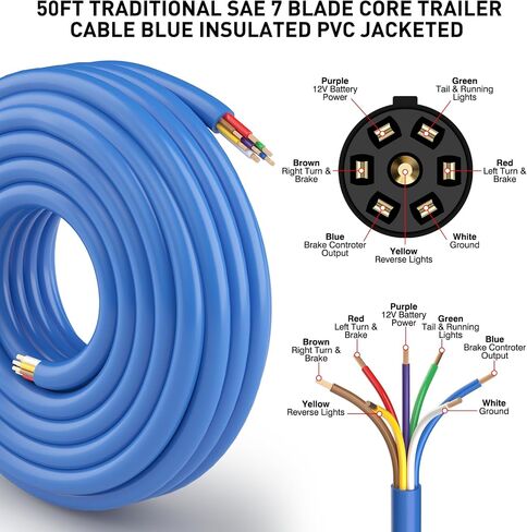 50FT 10/2 12/1 14/4 AWG 7 Way CCA Trailer Wire Heavy Duty -30°C to +105°C, Multi Gauge 7 Conductor Wire Traditional SEA Insulated Color-Coded Cable for 5th Wheel Trailer RV Truck Camper Tow Hitch in Saudi Arabia