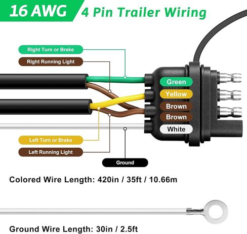 35FT 4 Pin 5 Wire Trailer Wiring Harness, 16AWG Trailer Light Wiring Kit with Jacketed Cable, Waterproof 4 Way Flat 5 Wire Trailer Plug for Rewiring Both-Side Taillights on Trailers, RVs & Boats in Saudi Arabia