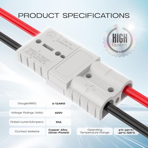 موصل أندرسون 50 أمبير - 600 فولت مع مقياس 6-12، رمادي 10 قطع توصيل سريع للبطارية/فصل البطارية طقم توصيل سلكي سريع للونش والمقطورة وأنظمة القطر in Kuwait