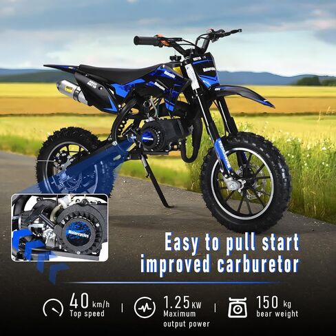 2025 دراجة ترابية للأطفال 49cc مطورة ثنائية الشوط - دراجة ترابية صغيرة للأطفال، دراجات ترابية تعمل بالغاز مع فرامل قرصية أمامية وخلفية، إطارات للطرق الوعرة، ممتصة للصدمات، وسادة مقعد ناعمة، سعة تحميل تصل إلى 330 رطلًا in Kuwait