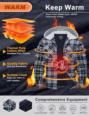 Cotrasen Mens Flannel Shirt Jacket Hooded Quilted Lined Warm Cotton Long Sleeve Plaid Shirt Jackets Button Shacket in Saudi Arabia