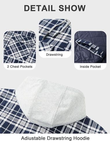 Cotrasen Mens Flannel Shirt Jacket Hooded Quilted Lined Warm Cotton Long Sleeve Plaid Shirt Jackets Button Shacket in Saudi Arabia