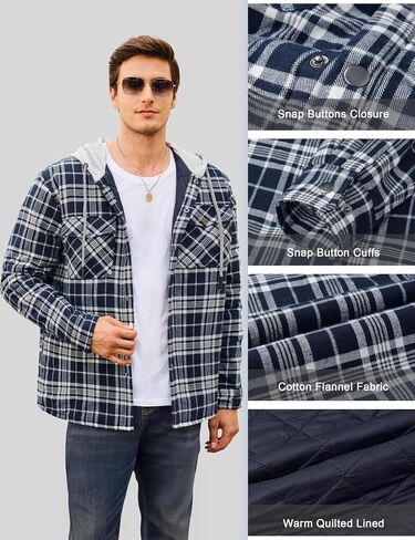 Cotrasen Mens Flannel Shirt Jacket Hooded Quilted Lined Warm Cotton Long Sleeve Plaid Shirt Jackets Button Shacket in Saudi Arabia