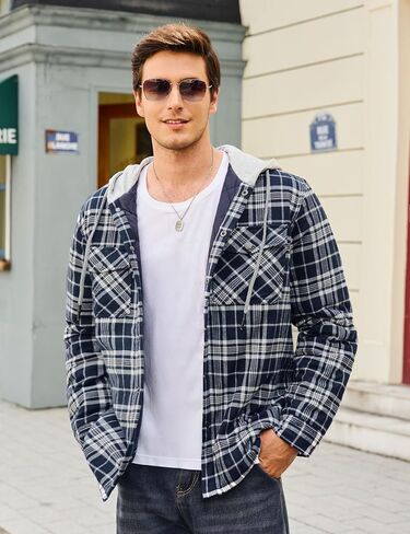 Cotrasen Mens Flannel Shirt Jacket Hooded Quilted Lined Warm Cotton Long Sleeve Plaid Shirt Jackets Button Shacket in Saudi Arabia