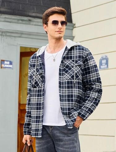 Cotrasen Mens Flannel Shirt Jacket Hooded Quilted Lined Warm Cotton Long Sleeve Plaid Shirt Jackets Button Shacket in Saudi Arabia
