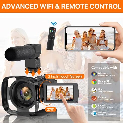 كاميرا فيديو 5K، كاميرا فيديو UHD 48MP واي فاي IR للرؤية الليلية لليوتيوب، كاميرا فيديو تعمل باللمس بتكبير رقمي 16X مع ميكروفون خارجي، غطاء عدسة، مثبت، جهاز تحكم عن بعد، بطاريتان in Kuwait
