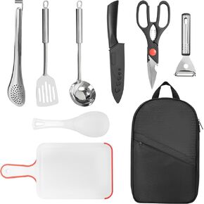 LASUK 8 Pcs Set Stainless Steel BBQ Grill Tool Kit with Carrying Bag for Picnic Cooking Grilling Camping Outdoor Barbecue Tool Sets