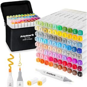 AnyMark Alcohol Markers Brush Tip, 80+1 Colors Dual Tip Brush & Chisel Alcohol-Based Art Markers Set with Case for Kids Adult Artists Drawing Coloring