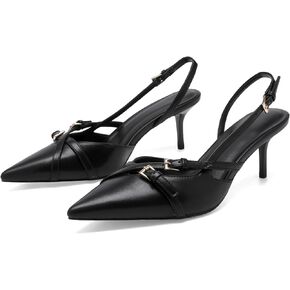 VOLEECE Women's Slingback Kitten Heels Buckle Strap Work Pumps Pointed Toe Slip On Comfortable Dress Shoes