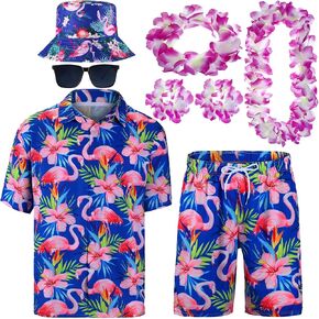 8 قطع من قميص هاواي للرجال من Floraltop ومجموعة قصيرة من الزي الاستوائي مع قبعات دلو نظارات شمسية من Luau Flower Leis قلادة وعصابة رأس وأساور فلامنغو طباعة زهرة وزر أسفل بدلة الشاطئ (X-Large) in Kuwait