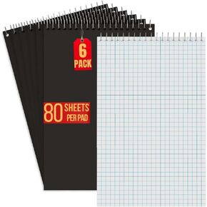 1InTheOffice Graph Ruled Notepad 6x9, Spiral Steno Pads, Top Bound, Quad Ruled, 80 Sheets/Pad, (6 Pack)