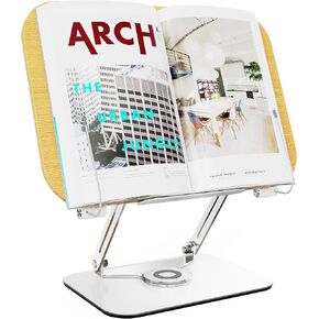 Book Stand for Reading, Puretor Hands Free Book Holder with 360° Rotate Base & Adjustable Height, Desk Wood Cookbook Stand with Flexiable Paper Page Clip for Recipe, Music Sheet, Laptop,Book Display