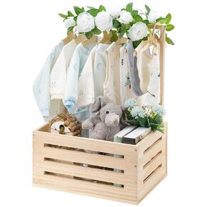 2ooya Wooden Baby Shower Crate Closet Baby Gift Basket with Handle Garland Baby Hangers Newborn Storage Crate Hamper Baby Shower Wooden Gift Crate for Boys Girls, Pregnancy Gifts for New Parents