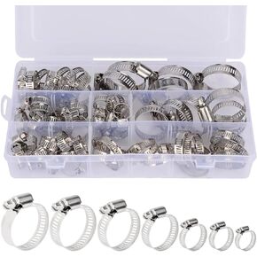 stonylab Hose Clamp Set, 60 pcs Adjustable 304 Stainless Steel 6-38 mm Worm-Drive Gear Type Hose Clamp Assortment Set with Storage Box