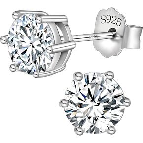 Zissunbeam 925 Sterling Silver Stud Earrings for Women Girls, 6.5mm 2ct 5a Color Cubic Zirconia Diamond Earrings, Hypoallergenic Jewelry,Men Earrings Stud,Women Over 60,Mother's Day Gift, White