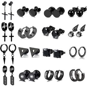 LOXLLALL Black Cross Earrings for Men, 32 Pieces Stainless Steel Long Chain Dangle Piercing Hoop Earrings Set for Gifts,mens earrings