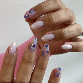 IMSOHOT Press on Nails Oval Short Fake Nails Glossy Glue on Nails White Blue Flower Round Acrylic False Nails with Designs Full Cover Cute Artificial Nails for Women 24Pcs
