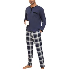 Yukiuiny Men’s Pyjama Loungewear Sets Comfy Lounge Nightwear Long Sleeve Cotton Pocket Tops Plaid Pants