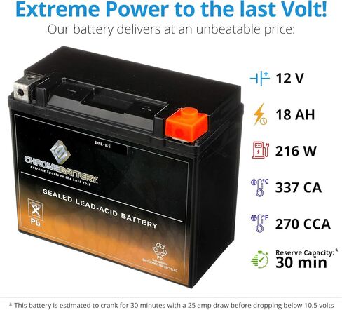 بطارية كروم YTX20L-BS بديلة مجانية الصيانة لمركبات ATV، والدراجات النارية، والمركبات المائية الشخصية، ومركبات الثلج، وUTV: 12 فولت، 1.8 أمبير، 18 أمبير، محطة صامولة ومسمار (T3) in Kuwait