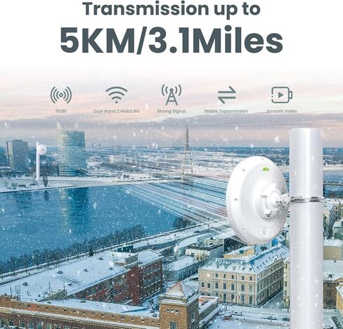 Point to Point Wireless Bridge Outdoor, 2.4GHz & 5.8GHz Outdoor WiFi Bridge PTP/PTMP CPE with 1000Mbps Ethernet Port, 3.1Miles Long Range WiFi Bridge Extender to Outbuildings, Guest Mode with 4 SSID in Kuwait