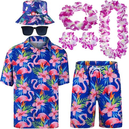 8 قطع من قميص هاواي للرجال من Floraltop ومجموعة قصيرة من الزي الاستوائي مع قبعات دلو نظارات شمسية من Luau Flower Leis قلادة وعصابة رأس وأساور فلامنغو طباعة زهرة وزر أسفل بدلة الشاطئ (X-Large) in Kuwait