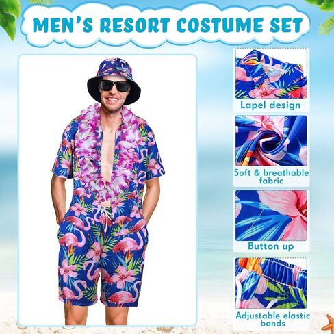 8 قطع من قميص هاواي للرجال من Floraltop ومجموعة قصيرة من الزي الاستوائي مع قبعات دلو نظارات شمسية من Luau Flower Leis قلادة وعصابة رأس وأساور فلامنغو طباعة زهرة وزر أسفل بدلة الشاطئ (X-Large) in Kuwait