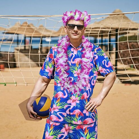 8 قطع من قميص هاواي للرجال من Floraltop ومجموعة قصيرة من الزي الاستوائي مع قبعات دلو نظارات شمسية من Luau Flower Leis قلادة وعصابة رأس وأساور فلامنغو طباعة زهرة وزر أسفل بدلة الشاطئ (X-Large) in Kuwait