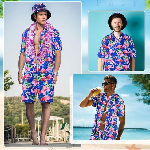 8 قطع من قميص هاواي للرجال من Floraltop ومجموعة قصيرة من الزي الاستوائي مع قبعات دلو نظارات شمسية من Luau Flower Leis قلادة وعصابة رأس وأساور فلامنغو طباعة زهرة وزر أسفل بدلة الشاطئ (X-Large) in Kuwait