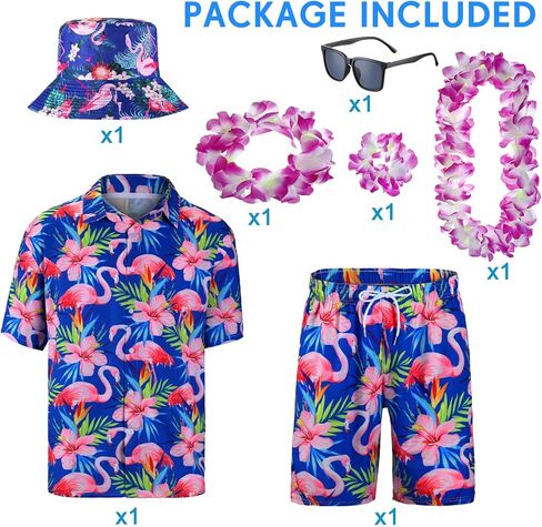 8 قطع من قميص هاواي للرجال من Floraltop ومجموعة قصيرة من الزي الاستوائي مع قبعات دلو نظارات شمسية من Luau Flower Leis قلادة وعصابة رأس وأساور فلامنغو طباعة زهرة وزر أسفل بدلة الشاطئ (X-Large) in Kuwait