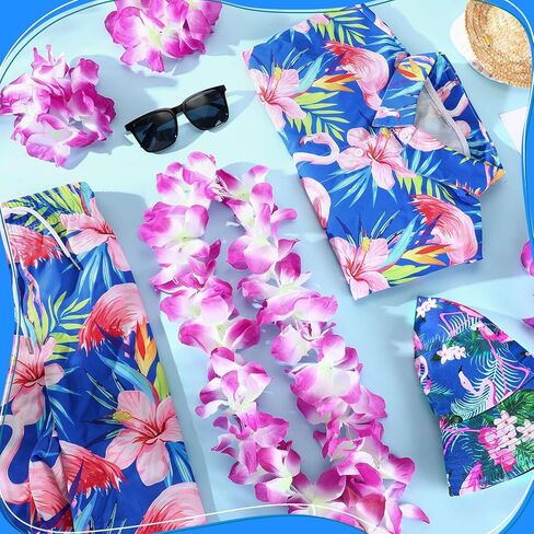 8 قطع من قميص هاواي للرجال من Floraltop ومجموعة قصيرة من الزي الاستوائي مع قبعات دلو نظارات شمسية من Luau Flower Leis قلادة وعصابة رأس وأساور فلامنغو طباعة زهرة وزر أسفل بدلة الشاطئ (X-Large) in Kuwait