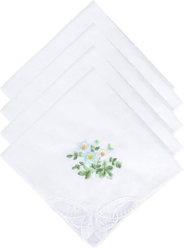 hoeslaw 4 Pieces 100% Cotton Lace Handkerchiefs for Women, 11" Embroidered Kerchief with Lace Edge Ladies Tea Party Hair Bandana Sophisticated and Elegant Handkerchiefs for Ladies Party Favors in Saudi Arabia