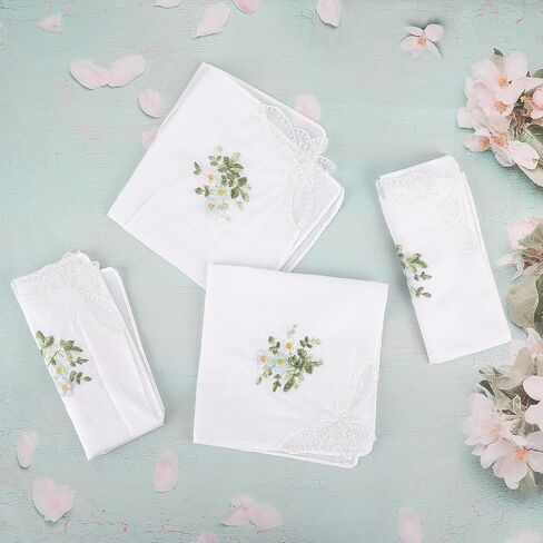 hoeslaw 4 Pieces 100% Cotton Lace Handkerchiefs for Women, 11" Embroidered Kerchief with Lace Edge Ladies Tea Party Hair Bandana Sophisticated and Elegant Handkerchiefs for Ladies Party Favors in Saudi Arabia