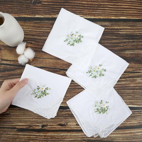 hoeslaw 4 Pieces 100% Cotton Lace Handkerchiefs for Women, 11" Embroidered Kerchief with Lace Edge Ladies Tea Party Hair Bandana Sophisticated and Elegant Handkerchiefs for Ladies Party Favors in Saudi Arabia