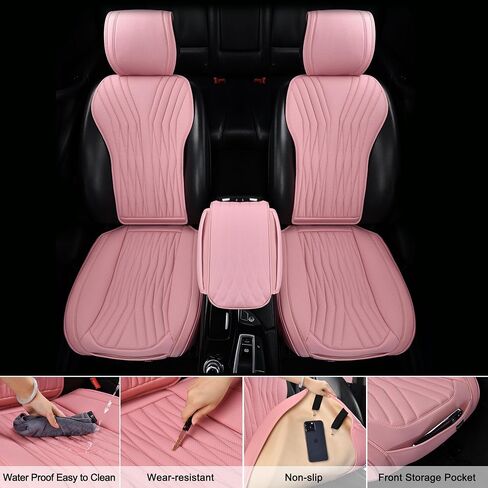 2 Pack Leather Front Car Seat Covers, Universal Sideless Auto Seat Protectors with Storage Pocket and Center Console Covers, Compatible with Most of Vehicles - SUVs/Sedans/Pickup Trucks, Beige in Kuwait