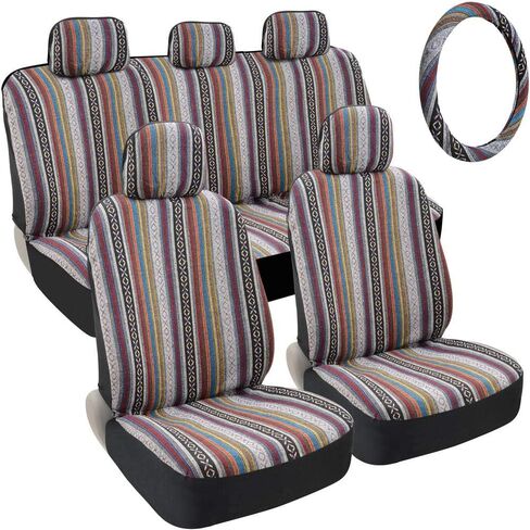 BDK Saddle Blanket Seat Covers for Cars Full Set - Multi-Color Baja Striped Woven Mexican with Matching Headrest Covers for Truck Auto Van SUV in Saudi Arabia