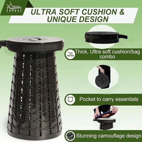 ALEVMOOM Upgraded H 19.7" Collapsilbe Stool with 1.38" Thick Cushion,1000 lbs Capacity Wider & Taller Heavy Duty, Portable and Foldable Adjustable Telescoping Stool for Camping Hiking BBQ in Kuwait
