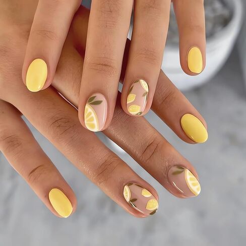 IMSOHOT Press on Nails Oval Short Fake Nails Glossy Glue on Nails White Blue Flower Round Acrylic False Nails with Designs Full Cover Cute Artificial Nails for Women 24Pcs in Kuwait