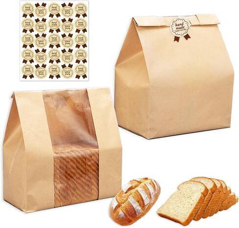 أكياس خبز للخبز المنزلي، عبوة من 25 كيسًا، أكياس خبز ورقية مع نافذة شفافة، أكياس تغليف المواد الغذائية من كرافت لتخزين الخبز والبسكويت، تتضمن 25 ملصقًا للختم (12.2 بوصة × 8.3 بوصة × 3.5 بوصة) in Kuwait