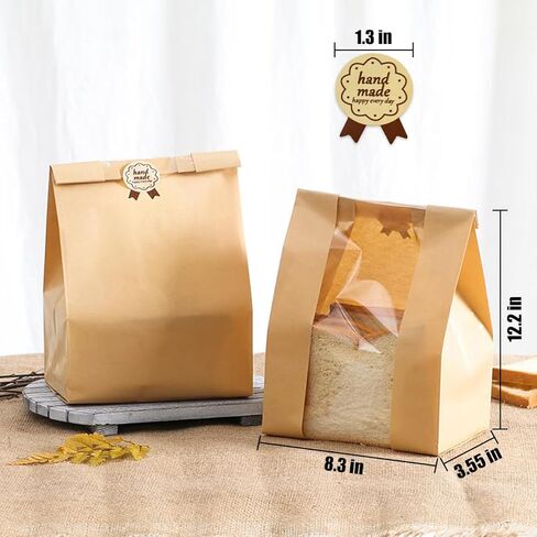 أكياس خبز للخبز المنزلي، عبوة من 25 كيسًا، أكياس خبز ورقية مع نافذة شفافة، أكياس تغليف المواد الغذائية من كرافت لتخزين الخبز والبسكويت، تتضمن 25 ملصقًا للختم (12.2 بوصة × 8.3 بوصة × 3.5 بوصة) in Kuwait