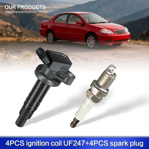 4 عبوات من ملفات الإشعال UF247 ومجموعة شمعات الإشعال لسيارة Toyota 1999-2008 Corolla Celica MR2 Spyder Matrix، Pontiac 2003-2008 Vibe L4 1.8L، Chevy 1999-2002 Prizm L4 1.8L OE: UF315 C1249 5C1074 E864 in Kuwait