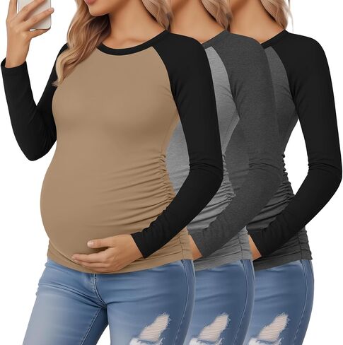 3 Pack Women's Maternity Shirts, Pregnancy Crew Neck Long Sleeve Tops Sides Ruched Color Block Mama Clothes in Saudi Arabia
