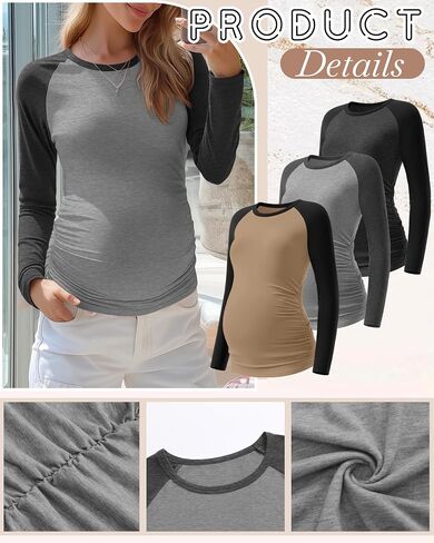 3 Pack Women's Maternity Shirts, Pregnancy Crew Neck Long Sleeve Tops Sides Ruched Color Block Mama Clothes in Saudi Arabia