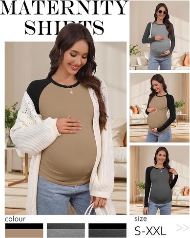 3 Pack Women's Maternity Shirts, Pregnancy Crew Neck Long Sleeve Tops Sides Ruched Color Block Mama Clothes in Saudi Arabia